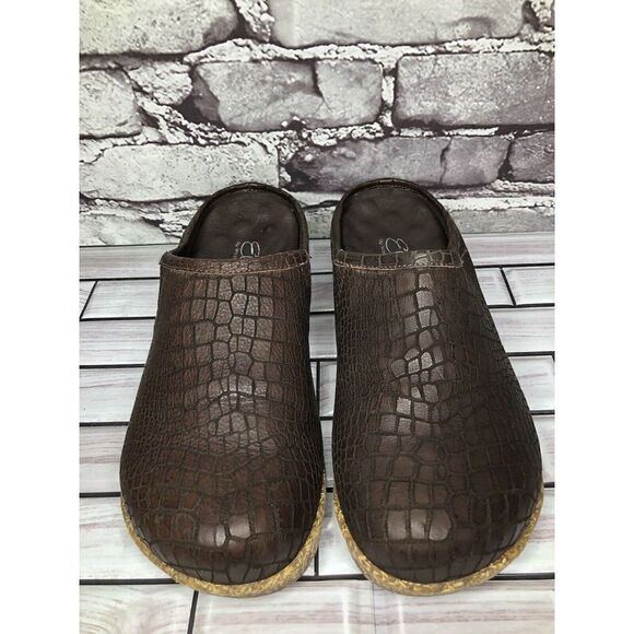 Elite By Walking Cradles Brown Leather Croc Comfort SlipOn Cork Clogs Women Sz 8 - Picture 12 of 16